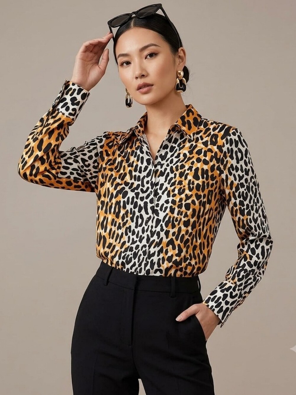 St. John Satin Back Leopard Print Shirt Animal Blouse Goldenrod Multi Size Small